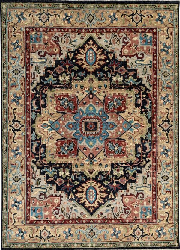 Traditional patterned rug with a dark central medallion and borders in beige, rust, and blue.