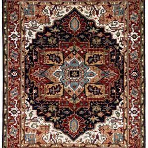 Navy blue and burgundy oriental-style rug with a detailed central medallion and multi-colored border design.