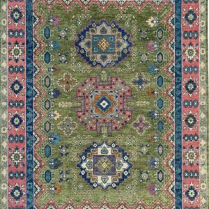 Distressed olive green traditional rug with intricate navy blue and dusty rose borders and geometric designs.