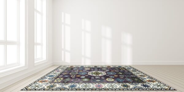 A deep purple geometric patterned rug rests on pale wood floors in a brightly lit white room.