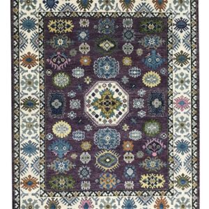 Tribal patterned rug featuring a purple field with colorful medallions and an off-white geometric border.