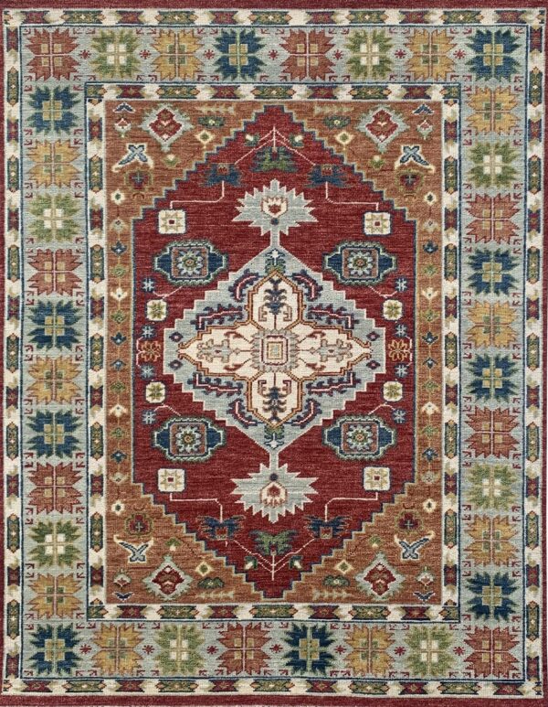 Traditional geometric rug featuring a red field, central medallion, and borders in blue, rust, and cream.