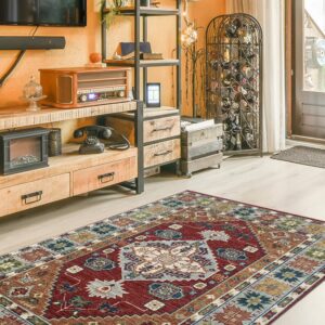 A traditional rug with red, blue, and brown geometric patterns sits on light wood flooring.