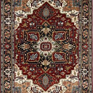 Detailed traditional rug featuring a large red center medallion surrounded by navy, cream, blue, and tan accents.