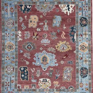 Rust-colored rug with blue and gray stylized motifs and a wide, light blue patterned border.