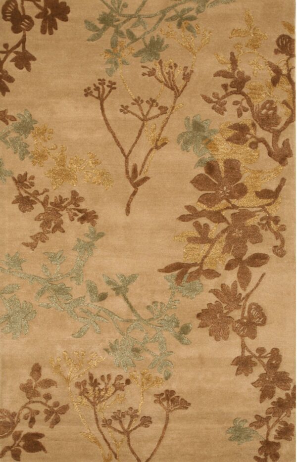 Tan rug featuring a varied-pile floral pattern in brown, gold, and sage green.