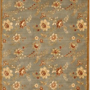 Rectangular rug with a gray-green field, gold border, and an all-over floral pattern in tan and reddish-brown.