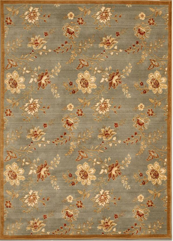 Rectangular rug with a gray-green field, gold border, and an all-over floral pattern in tan and reddish-brown.
