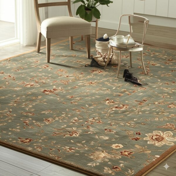 Floral sage green rug with rust and beige accents covers light wood flooring beneath two chairs.