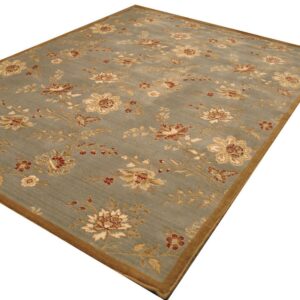 Slate blue rug featuring an all-over floral pattern in gold and rust with a thick brown border.