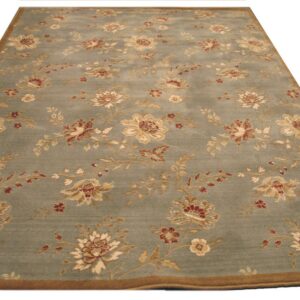 Dusty sage area rug with trailing beige and reddish floral vine patterns and a contrasting brown border.
