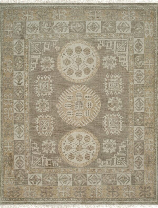 Traditional rug with a gray-brown field, beige medallions, and multiple geometric patterned borders.