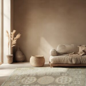 Neutral patterned area rug featuring medallions and geometric borders in a monochromatic beige room with a tan sofa.