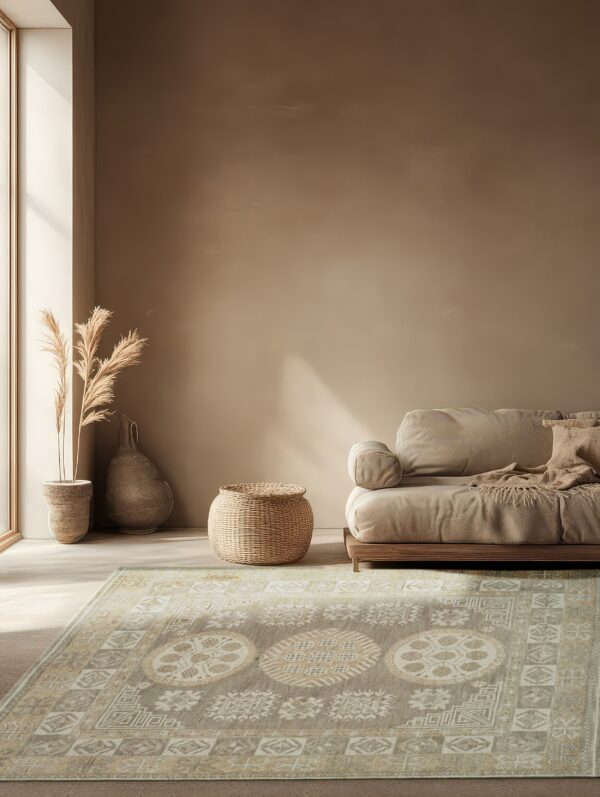 Neutral patterned area rug featuring medallions and geometric borders in a monochromatic beige room with a tan sofa.