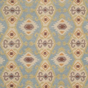 Low pile rug in light blue, cream, and earthy colors, featuring a detailed Southwestern geometric pattern.