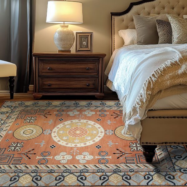 Terracotta geometric rug with yellow, gray, and blue patterns placed beside a tufted bed and nightstand.