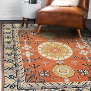 Burnt orange rug with geometric medallions and tribal designs sits on dark wood floor.