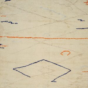 Textured cream rug with shaggy pile, featuring sparse abstract diamond and line patterns in blue and orange.