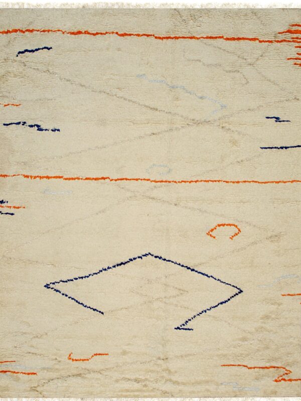 Textured cream rug with shaggy pile, featuring sparse abstract diamond and line patterns in blue and orange.
