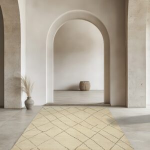 Cream runner rug with a black grid pattern on gray flooring near textured concrete archways.