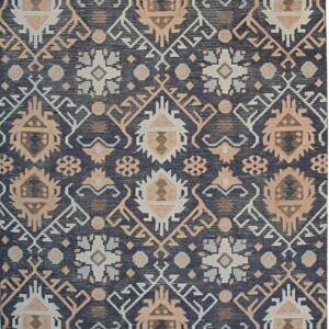 Dark blue rug featuring repeating tribal geometric patterns in beige, pale gray, and white, with short fringe.