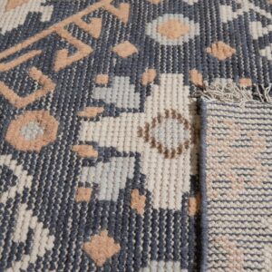 Geometric rug texture in slate, cream, and salmon with raised motifs, folded to show the backing.