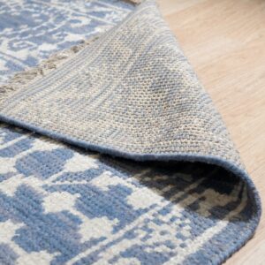 Blue geometric rug folded over, displaying the beige woven reverse side on light wood flooring.