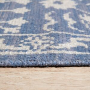 Close-up of a blue and off-white patterned rug edge and chunky pile resting on light wood flooring.