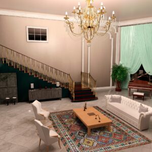 A low-pile geometric rug with red, teal, and yellow patterns anchors a seating area on glossy gray tile.