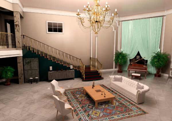 A low-pile geometric rug with red, teal, and yellow patterns anchors a seating area on glossy gray tile.