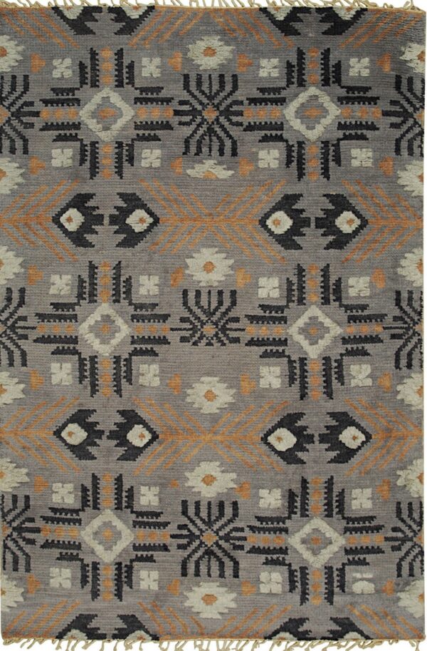 Textured gray rug with a repeating tribal geometric pattern in black, cream, and contrasting orange-gold.