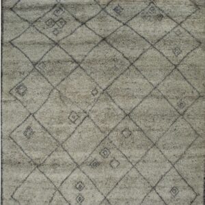 Gray shaggy rug featuring a diamond geometric pattern and decorative border with white fringe.