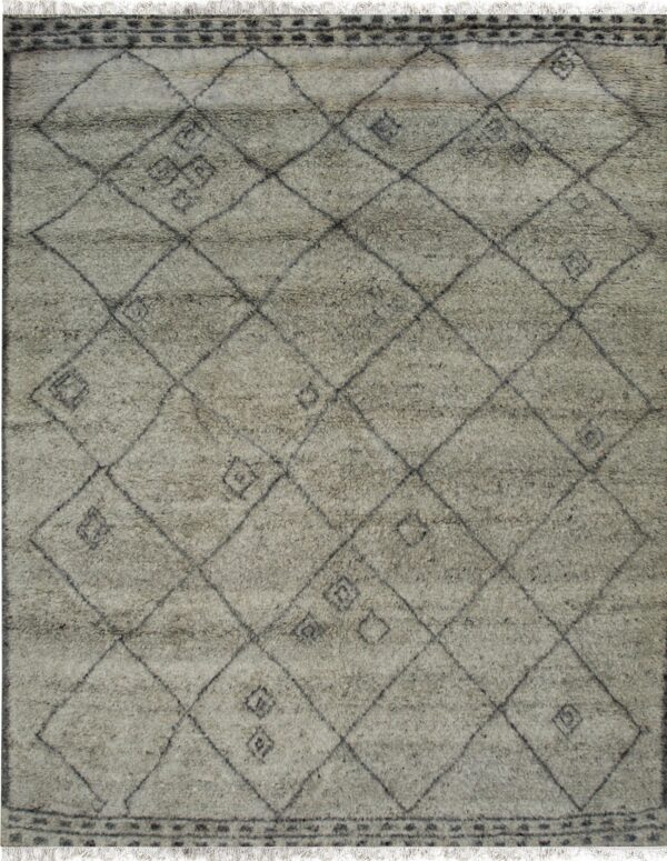 Gray shaggy rug featuring a diamond geometric pattern and decorative border with white fringe.