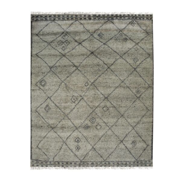 Gray shaggy rug with an all-over dark geometric diamond grid pattern and short white fringe.