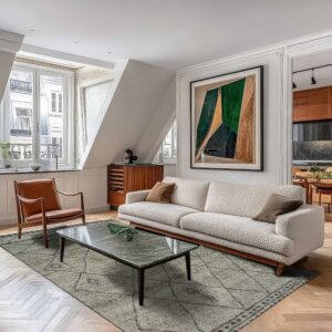A textured gray rug with black geometric lines lays on light herringbone flooring beneath a cream sofa.