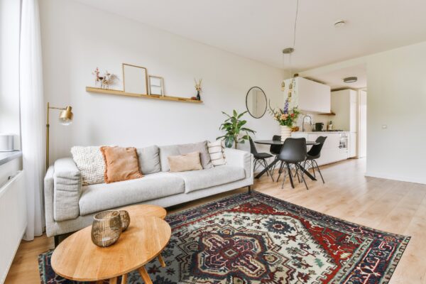 Traditional red, navy, and cream patterned rug placed under a gray sofa and wood coffee tables on light wood floors.