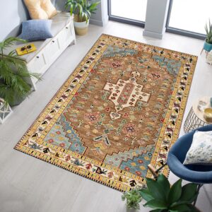 Brown, blue, and yellow traditional medallion rug centering a bright room with light gray hardwood floors.