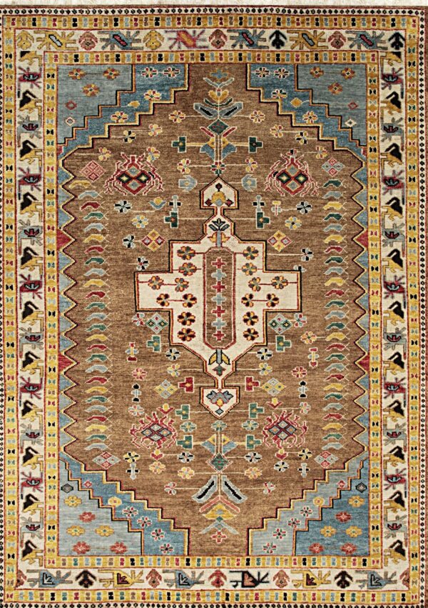 Brown and blue rug with a stepped central medallion and colorful geometric tribal motifs.
