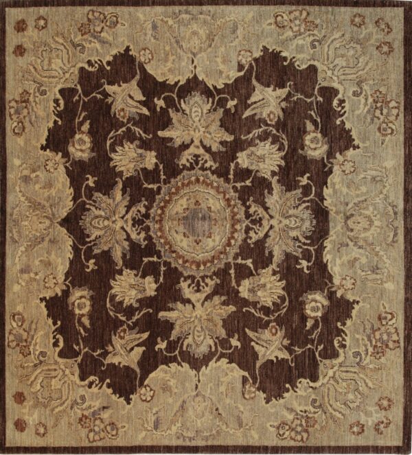 Square traditional rug with a dark brown central field, detailed beige floral motifs, and a lighter taupe border.