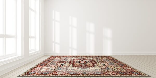 A traditional medallion rug in red, cream, and blue lies on light wood floors in a bright white room.