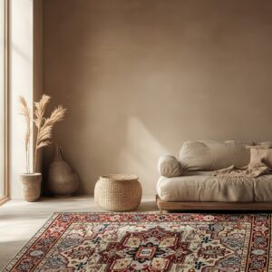Red and cream traditional rug beneath a beige sofa in a minimally decorated room with concrete floors.