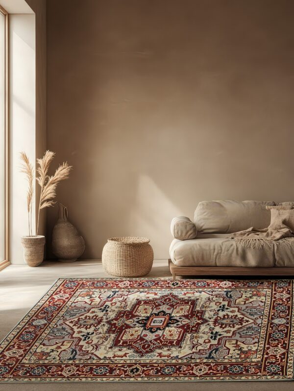 Red and cream traditional rug beneath a beige sofa in a minimally decorated room with concrete floors.