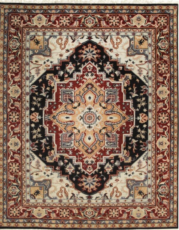 Traditional rug with a black, beige, rust red, and gray medallion design and complex border patterns.