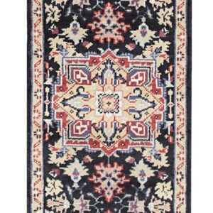 Traditional runner rug with a dark navy field and central medallion design in red, cream, and blue.