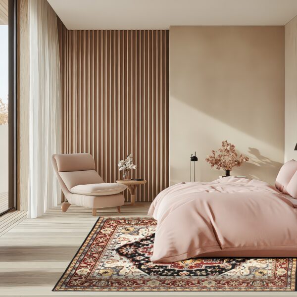 Red and black traditional rug anchors a modern bedroom with pink bedding and wood slat walls.