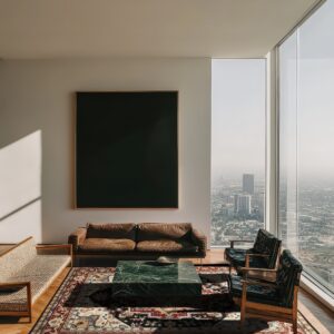 Low-pile patterned rug in reds and creams centers leather furniture on a herringbone wood floor.