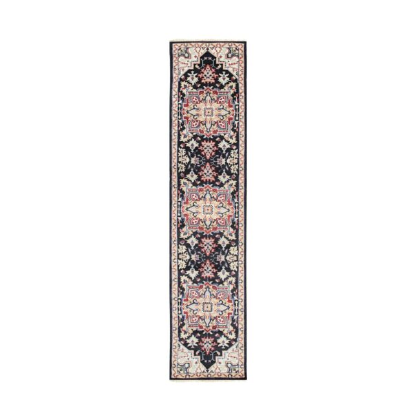 Narrow runner rug featuring a detailed traditional pattern in navy, red, cream, and pale blue.