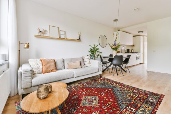 Geometric red and teal area rug anchors a living room near a dining area and white kitchen.