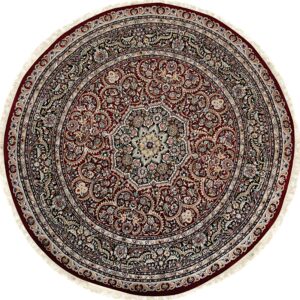 Round traditional burgundy rug with a detailed medallion and concentric borders, displayed on white.