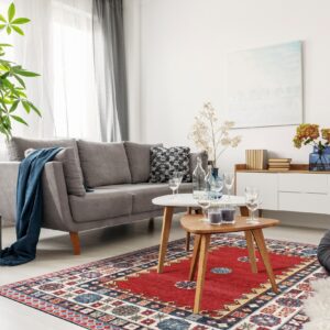 Red patterned rug with blue borders sits under nesting coffee tables next to a gray sofa.
